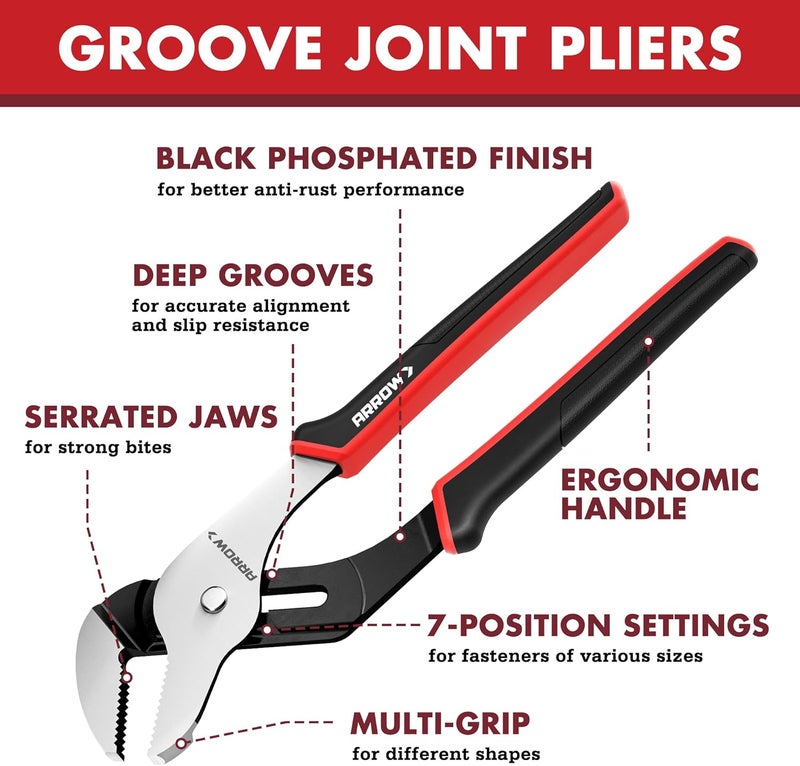Arrow Fastener ARROW 12-Inch Groove Joint Pliers, Adjustable Water Pump Pliers with TPR Handle, High Carbon Steel Tongue and Groove Plier for Plumbing, Automotive and Household Repairs - Image 3